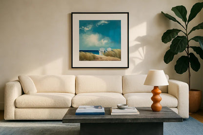 A Perfect Day by Julia Purinton. Displayed in a glass frame with matte in a clean modern living room. Available as an archival giclee rolled canvas, fine art paper, or poster print. SKU 11122a.