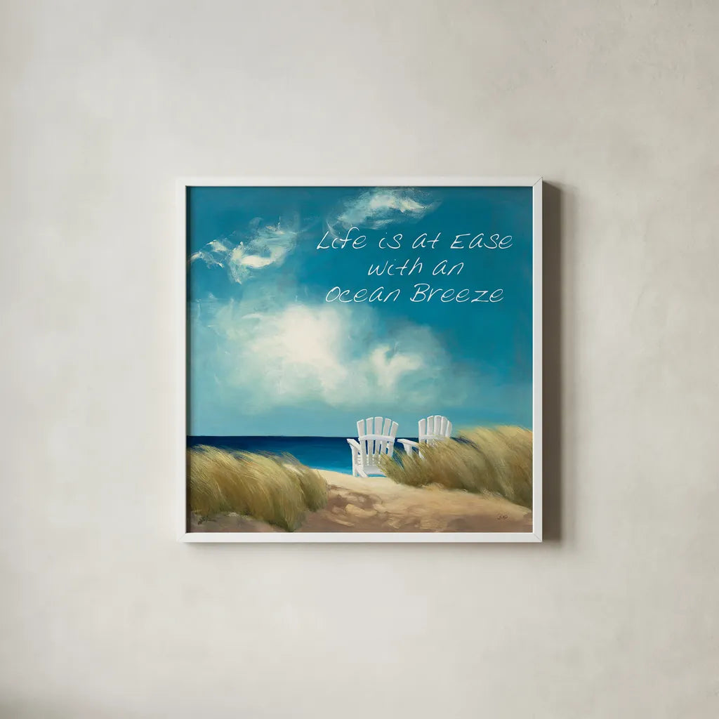 A Perfect Day Ocean Breeze by Julia Purinton. Shown in a crisp white glass frame for a clean and minimalist style. Available as an archival giclee rolled canvas, fine art paper, or poster print. SKU 25908a.