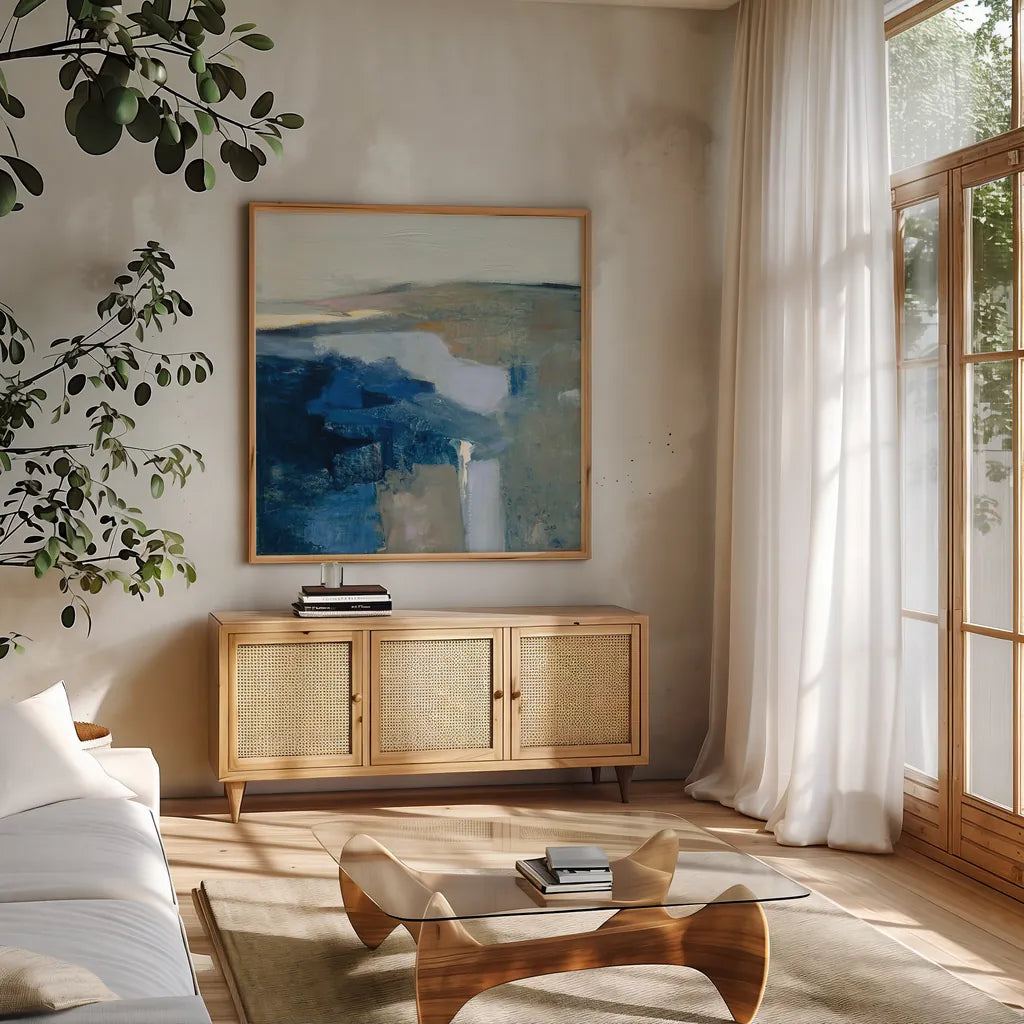 Above the Waves by Julia Purinton. Shown in a natural wood frame in a cozy modern living room. Available as an archival giclee rolled canvas, fine art paper, or poster print. SKU 70757a.