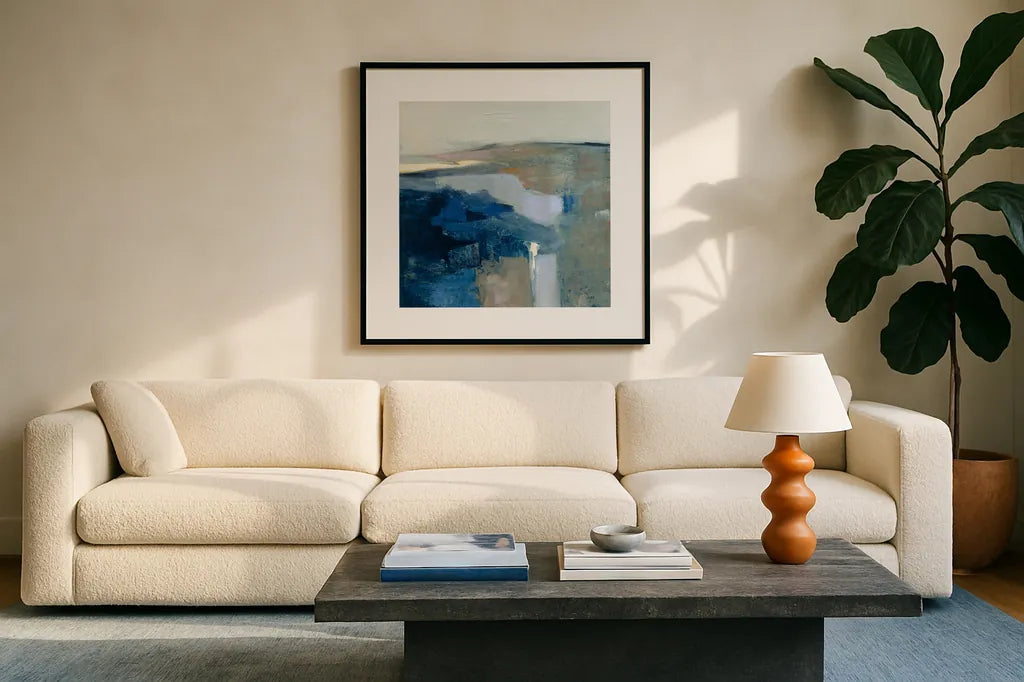 Above the Waves by Julia Purinton. Displayed in a glass frame with matte in a clean modern living room. Available as an archival giclee rolled canvas, fine art paper, or poster print. SKU 70757a.