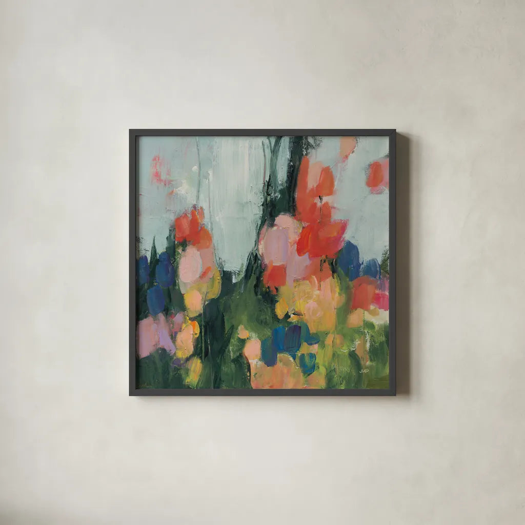 Abstract Garden I by Julia Purinton. Shown in a sleek black glass frame for a contemporary gallery look. Available as an archival giclee rolled canvas, fine art paper, or poster print. SKU 96714a.