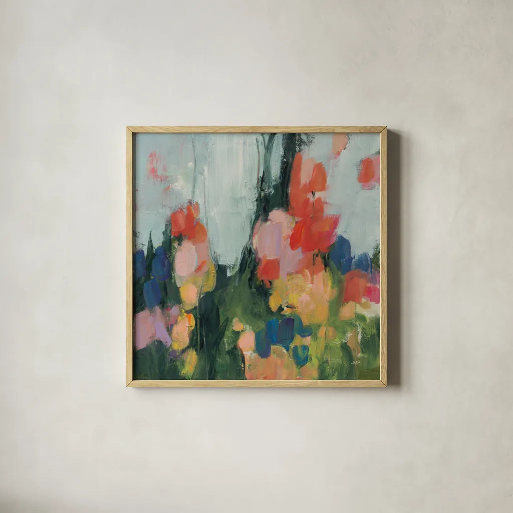 Abstract Garden I by Julia Purinton. Shown in a natural wood glass frame for a timeless modern aesthetic. Available as an archival giclee rolled canvas, fine art paper, or poster print. SKU 96714a.