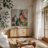 Abstract Garden I by Julia Purinton. Shown in a natural wood frame in a cozy modern living room. Available as an archival giclee rolled canvas, fine art paper, or poster print. SKU 96714a.