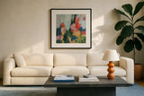 Abstract Garden I by Julia Purinton. Displayed in a glass frame with matte in a clean modern living room. Available as an archival giclee rolled canvas, fine art paper, or poster print. SKU 96714a.