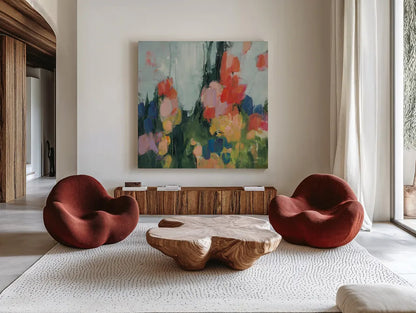 Abstract Garden I by Julia Purinton. Shown as extra-large giant wall art in a modern living room. Available as an archival giclee rolled canvas, fine art paper, or poster print. SKU 96714a.