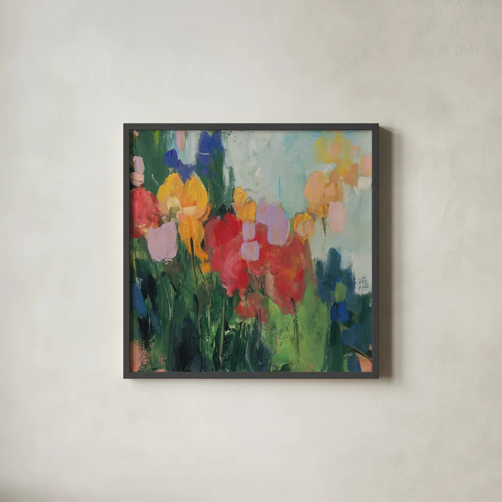 Abstract Garden II by Julia Purinton. Shown in a sleek black glass frame for a contemporary gallery look. Available as an archival giclee rolled canvas, fine art paper, or poster print. SKU 96715a.