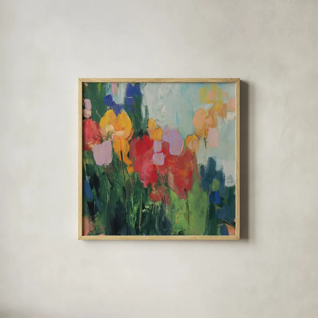 Abstract Garden II by Julia Purinton. Shown in a natural wood glass frame for a timeless modern aesthetic. Available as an archival giclee rolled canvas, fine art paper, or poster print. SKU 96715a.