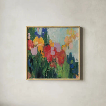 Abstract Garden II by Julia Purinton. Shown in a natural wood glass frame for a timeless modern aesthetic. Available as an archival giclee rolled canvas, fine art paper, or poster print. SKU 96715a.