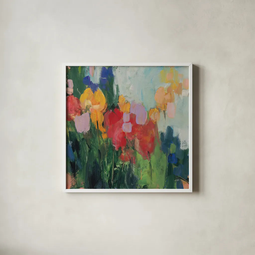 Abstract Garden II by Julia Purinton. Shown in a crisp white glass frame for a clean and minimalist style. Available as an archival giclee rolled canvas, fine art paper, or poster print. SKU 96715a.