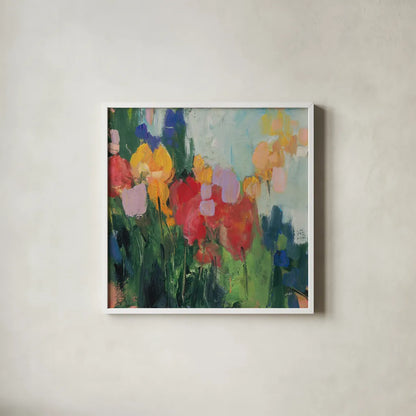 Abstract Garden II by Julia Purinton. Shown in a crisp white glass frame for a clean and minimalist style. Available as an archival giclee rolled canvas, fine art paper, or poster print. SKU 96715a.