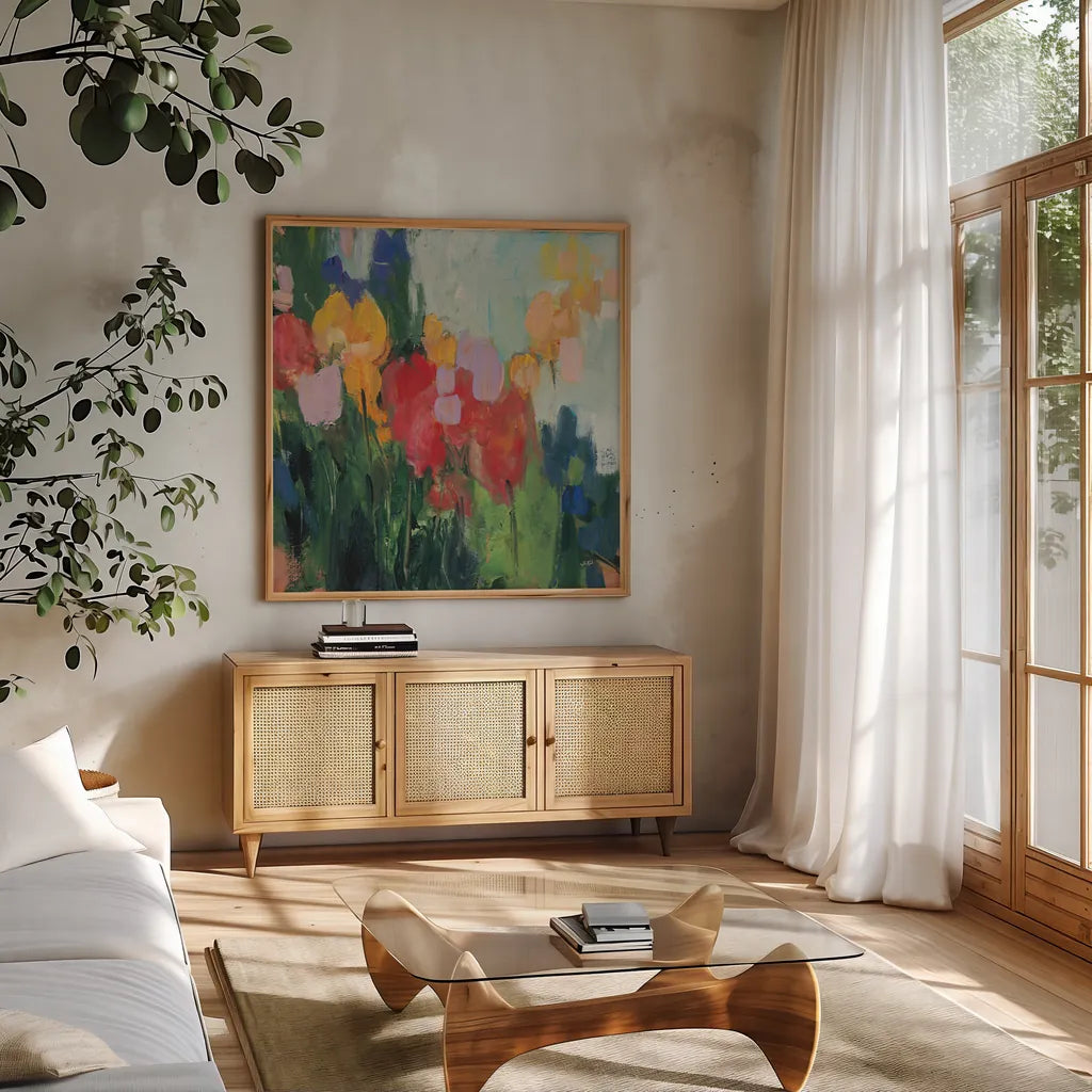 Abstract Garden II by Julia Purinton. Shown in a natural wood frame in a cozy modern living room. Available as an archival giclee rolled canvas, fine art paper, or poster print. SKU 96715a.