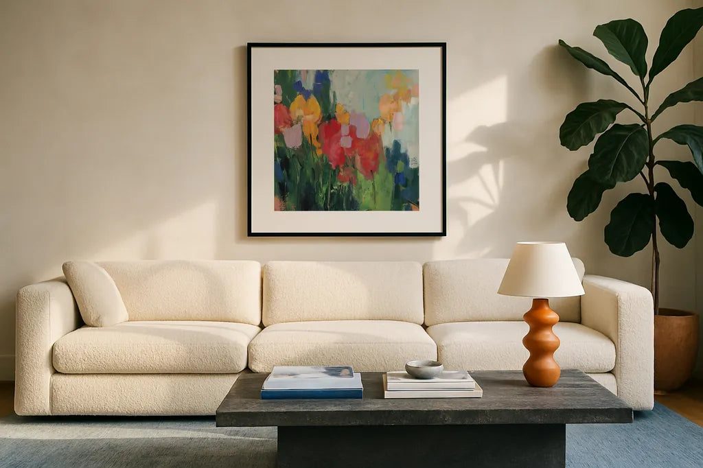 Abstract Garden II by Julia Purinton. Displayed in a glass frame with matte in a clean modern living room. Available as an archival giclee rolled canvas, fine art paper, or poster print. SKU 96715a.