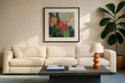 Abstract Garden II by Julia Purinton. Displayed in a glass frame with matte in a clean modern living room. Available as an archival giclee rolled canvas, fine art paper, or poster print. SKU 96715a.