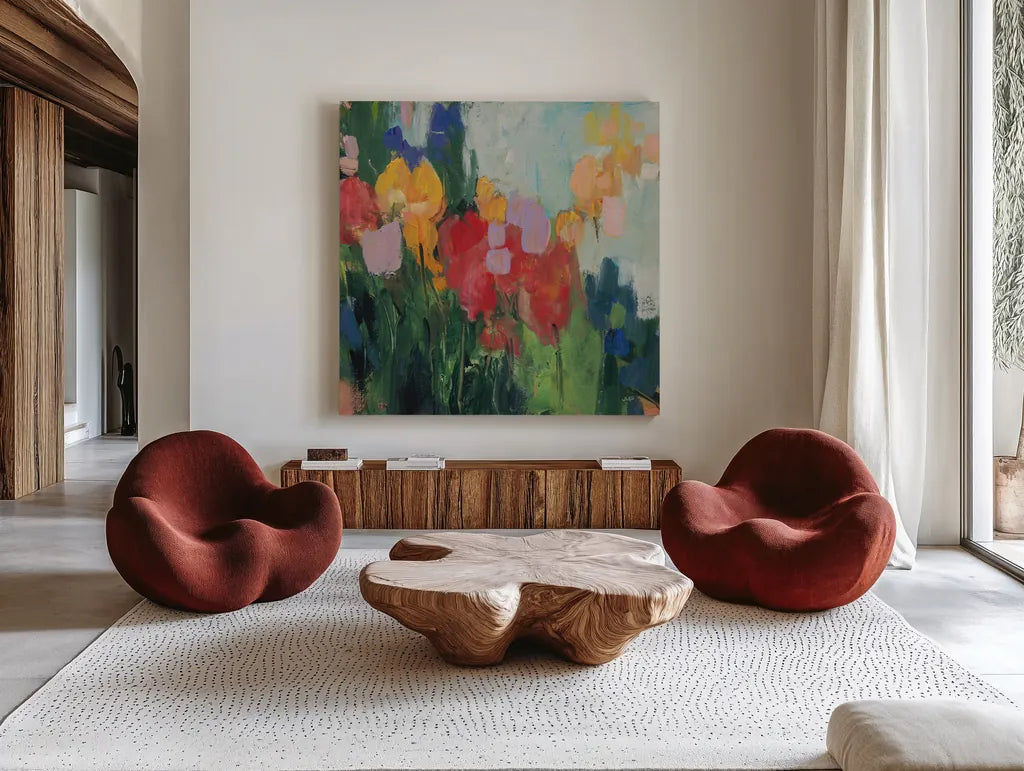 Abstract Garden II by Julia Purinton. Shown as extra-large giant wall art in a modern living room. Available as an archival giclee rolled canvas, fine art paper, or poster print. SKU 96715a.