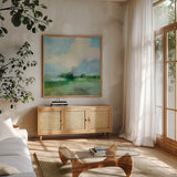 Across the Divide by Julia Purinton. Shown in a natural wood frame in a cozy modern living room. Available as an archival giclee rolled canvas, fine art paper, or poster print. SKU 80061a.