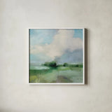 Across the Divide Light by Julia Purinton. Shown in a crisp white glass frame for a clean and minimalist style. Available as an archival giclee rolled canvas, fine art paper, or poster print. SKU 82615a.