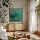 Adrift by Julia Purinton. Shown in a natural wood frame in a cozy modern living room. Available as an archival giclee rolled canvas, fine art paper, or poster print. SKU 88402a.