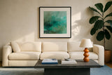 Adrift by Julia Purinton. Displayed in a glass frame with matte in a clean modern living room. Available as an archival giclee rolled canvas, fine art paper, or poster print. SKU 88402a.