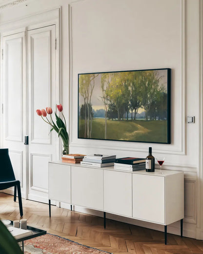 Again Tomorrow by Julia Purinton. shown as a framed stretched canvas in a living room above a console. Available as a archival giclee rolled canvas, fine art paper, or poster print. SKU 17966i.