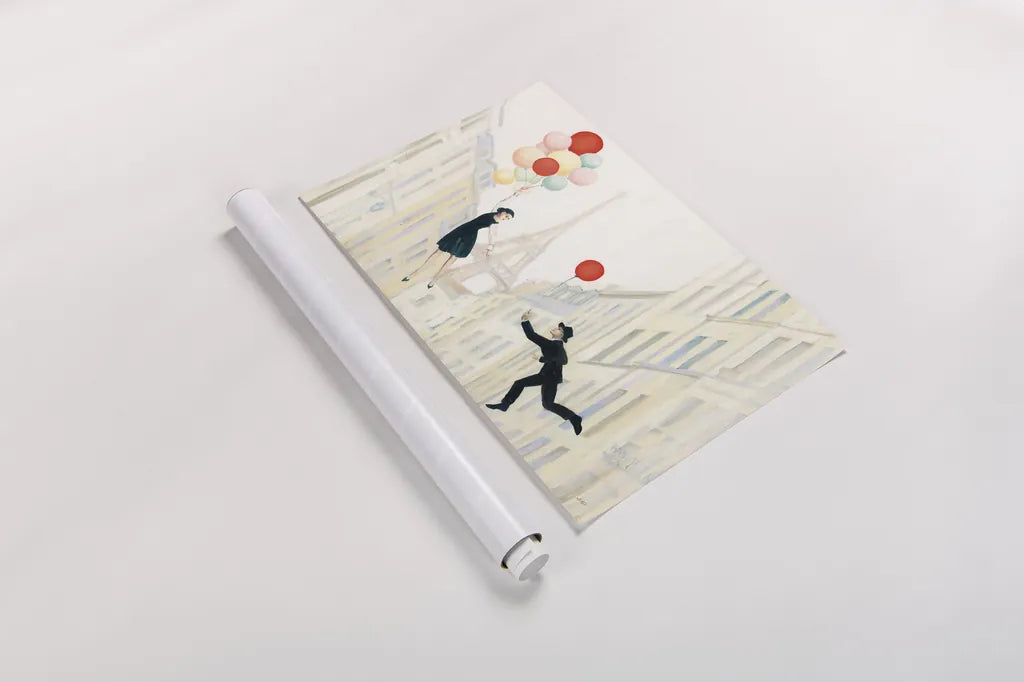 Aloft In Paris I by Julia Purinton. shown as a rolled paper print. Available as archival giclee rolled canvas, fine art paper, or poster print. SKU 49845i.