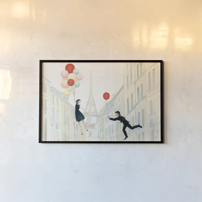Aloft In Paris I by Julia Purinton. shown as a paper print in a black flame. Available as a archival giclee rolled canvas, fine art paper, or poster print. SKU 49845i.