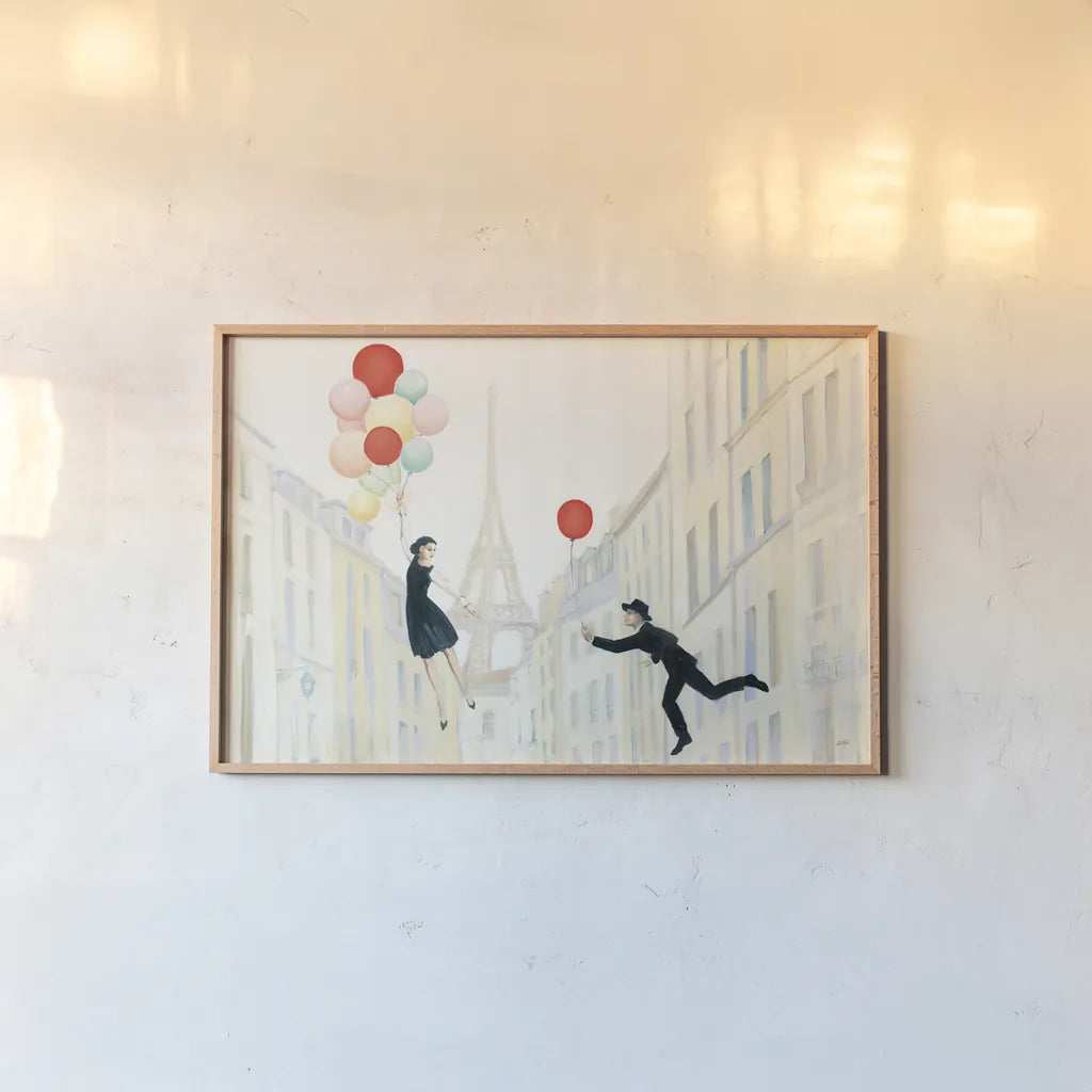 Aloft In Paris I by Julia Purinton. shown as a paper print in a natural frame. Available as a archival giclee rolled canvas, fine art paper, or poster print. SKU 49845i.