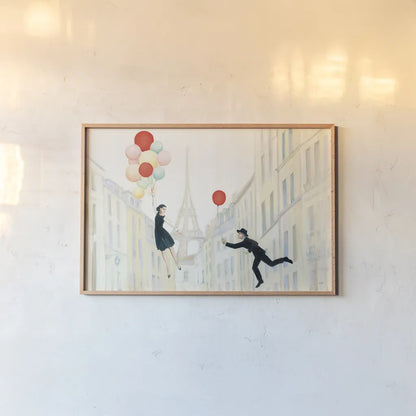 Aloft In Paris I by Julia Purinton. shown as a paper print in a natural frame. Available as a archival giclee rolled canvas, fine art paper, or poster print. SKU 49845i.