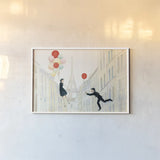 Aloft In Paris I by Julia Purinton. shown as a paper print in a white frame. Available as a archival giclee rolled canvas, fine art paper, or poster print. SKU 49845i.