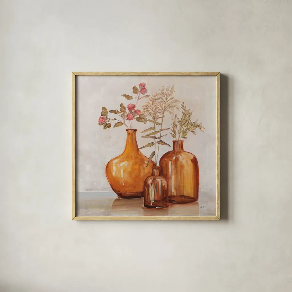 Amber Autumn by Julia Purinton. Shown in a natural wood glass frame for a timeless modern aesthetic. Available as an archival giclee rolled canvas, fine art paper, or poster print. SKU 87339a.
