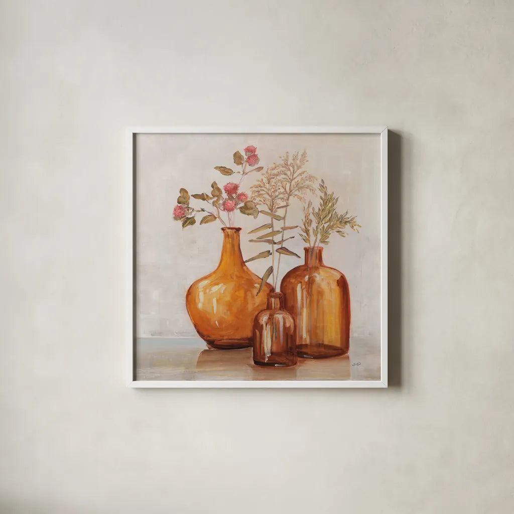 Amber Autumn by Julia Purinton. Shown in a crisp white glass frame for a clean and minimalist style. Available as an archival giclee rolled canvas, fine art paper, or poster print. SKU 87339a.