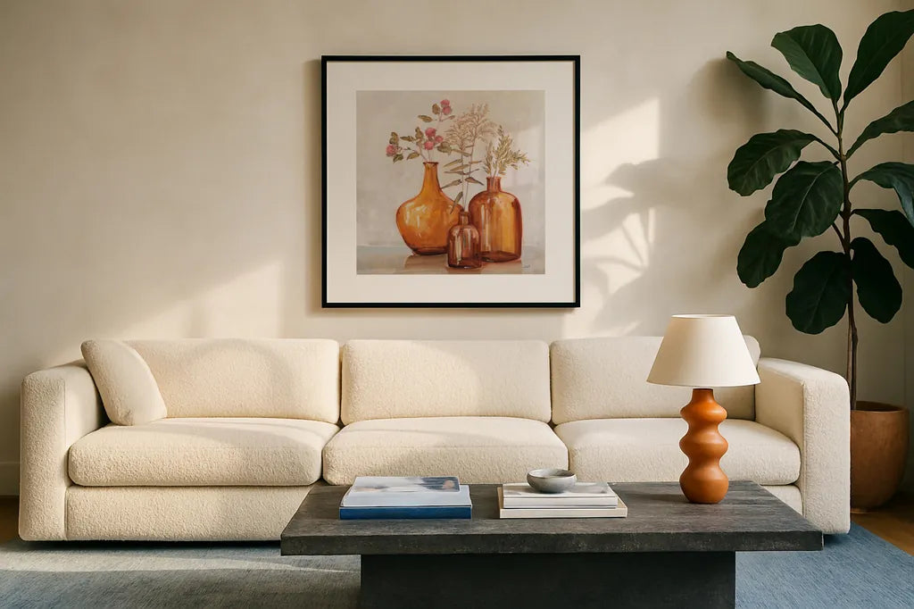 Amber Autumn by Julia Purinton. Displayed in a glass frame with matte in a clean modern living room. Available as an archival giclee rolled canvas, fine art paper, or poster print. SKU 87339a.