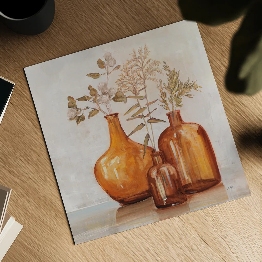 Amber Autumn Neutral Flowers by Julia Purinton. Shown as a detailed flat fine art print, highlighting archival giclee quality. Available as an archival giclee rolled canvas, fine art paper, or poster print. SKU 88495a.