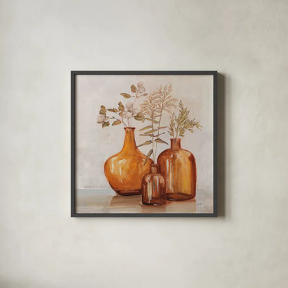 Amber Autumn Neutral Flowers by Julia Purinton. Shown in a sleek black glass frame for a contemporary gallery look. Available as an archival giclee rolled canvas, fine art paper, or poster print. SKU 88495a.