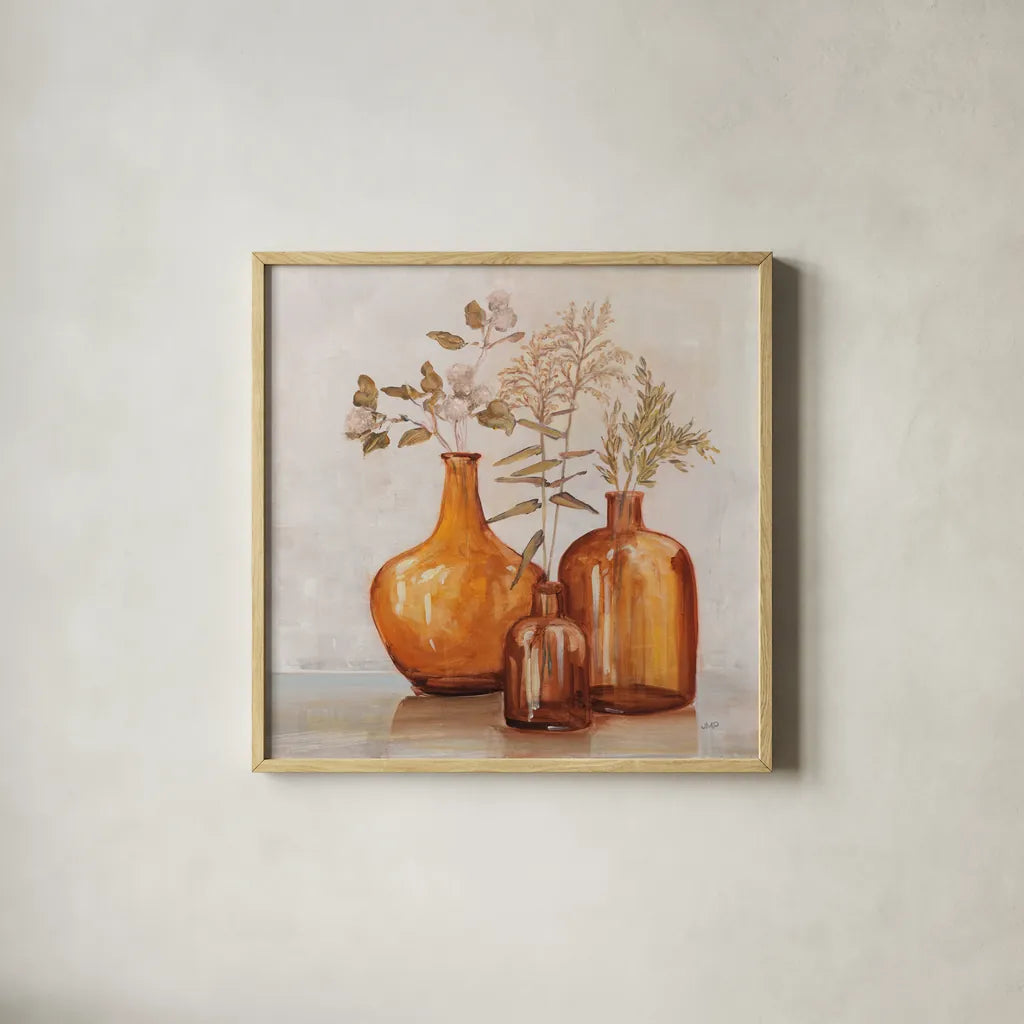Amber Autumn Neutral Flowers by Julia Purinton. Shown in a natural wood glass frame for a timeless modern aesthetic. Available as an archival giclee rolled canvas, fine art paper, or poster print. SKU 88495a.