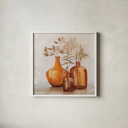Amber Autumn Neutral Flowers by Julia Purinton. Shown in a crisp white glass frame for a clean and minimalist style. Available as an archival giclee rolled canvas, fine art paper, or poster print. SKU 88495a.