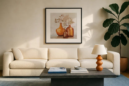 Amber Autumn Neutral Flowers by Julia Purinton. Displayed in a glass frame with matte in a clean modern living room. Available as an archival giclee rolled canvas, fine art paper, or poster print. SKU 88495a.