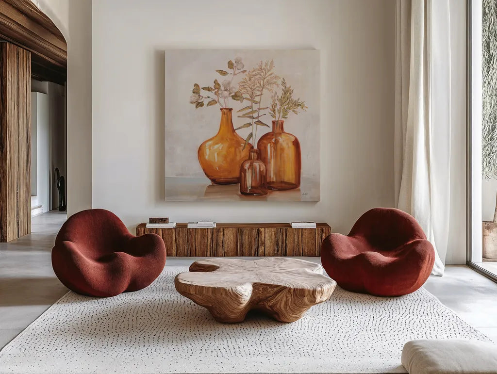 Amber Autumn Neutral Flowers by Julia Purinton. Shown as extra-large giant wall art in a modern living room. Available as an archival giclee rolled canvas, fine art paper, or poster print. SKU 88495a.