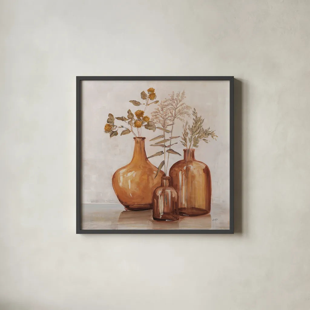 Amber Autumn Orange by Julia Purinton. Shown in a sleek black glass frame for a contemporary gallery look. Available as an archival giclee rolled canvas, fine art paper, or poster print. SKU 87354a.