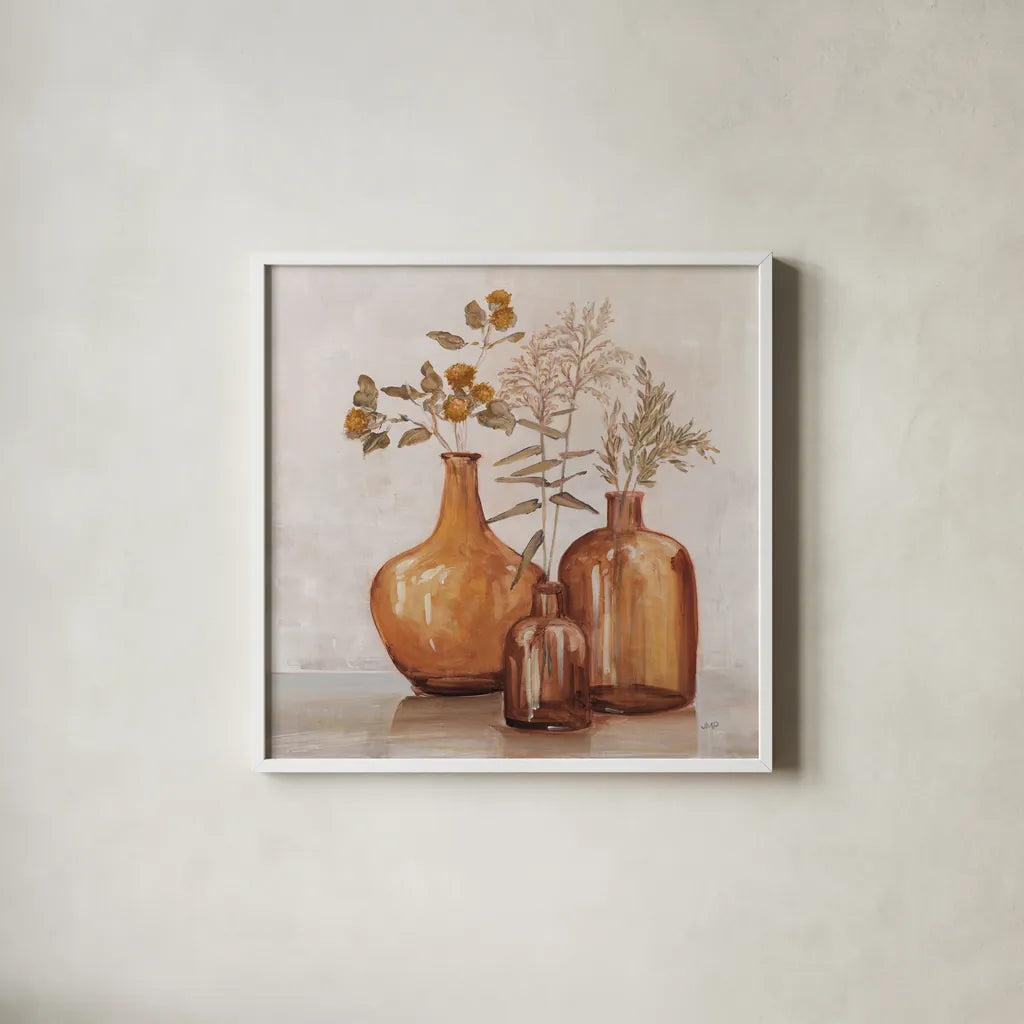Amber Autumn Orange by Julia Purinton. Shown in a crisp white glass frame for a clean and minimalist style. Available as an archival giclee rolled canvas, fine art paper, or poster print. SKU 87354a.