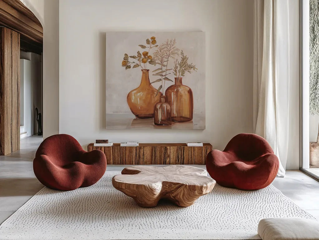 Amber Autumn Orange by Julia Purinton. Shown as extra-large giant wall art in a modern living room. Available as an archival giclee rolled canvas, fine art paper, or poster print. SKU 87354a.