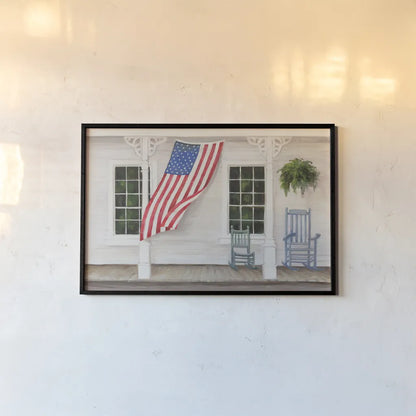 American Porch by Julia Purinton. shown as a paper print in a black flame. Available as a archival giclee rolled canvas, fine art paper, or poster print. SKU 94437i.