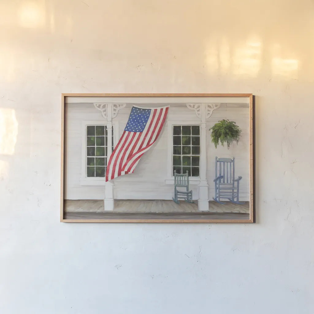 American Porch by Julia Purinton. shown as a paper print in a natural frame. Available as a archival giclee rolled canvas, fine art paper, or poster print. SKU 94437i.