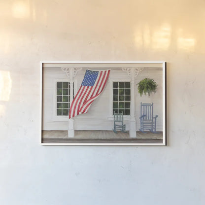 American Porch by Julia Purinton. shown as a paper print in a white frame. Available as a archival giclee rolled canvas, fine art paper, or poster print. SKU 94437i.