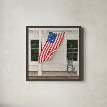 American Porch Crop by Julia Purinton. Shown in a sleek black glass frame for a contemporary gallery look. Available as an archival giclee rolled canvas, fine art paper, or poster print. SKU 98888a.