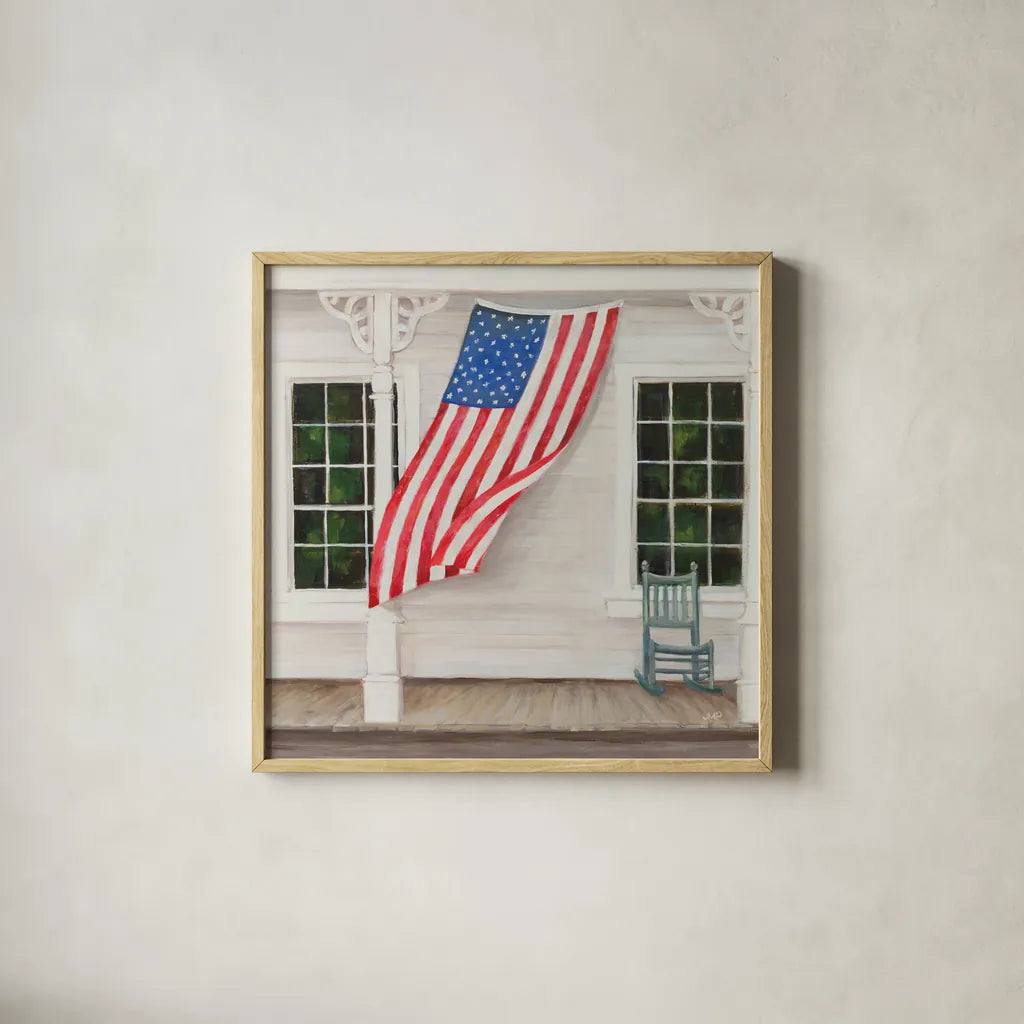 American Porch Crop by Julia Purinton. Shown in a natural wood glass frame for a timeless modern aesthetic. Available as an archival giclee rolled canvas, fine art paper, or poster print. SKU 98888a.