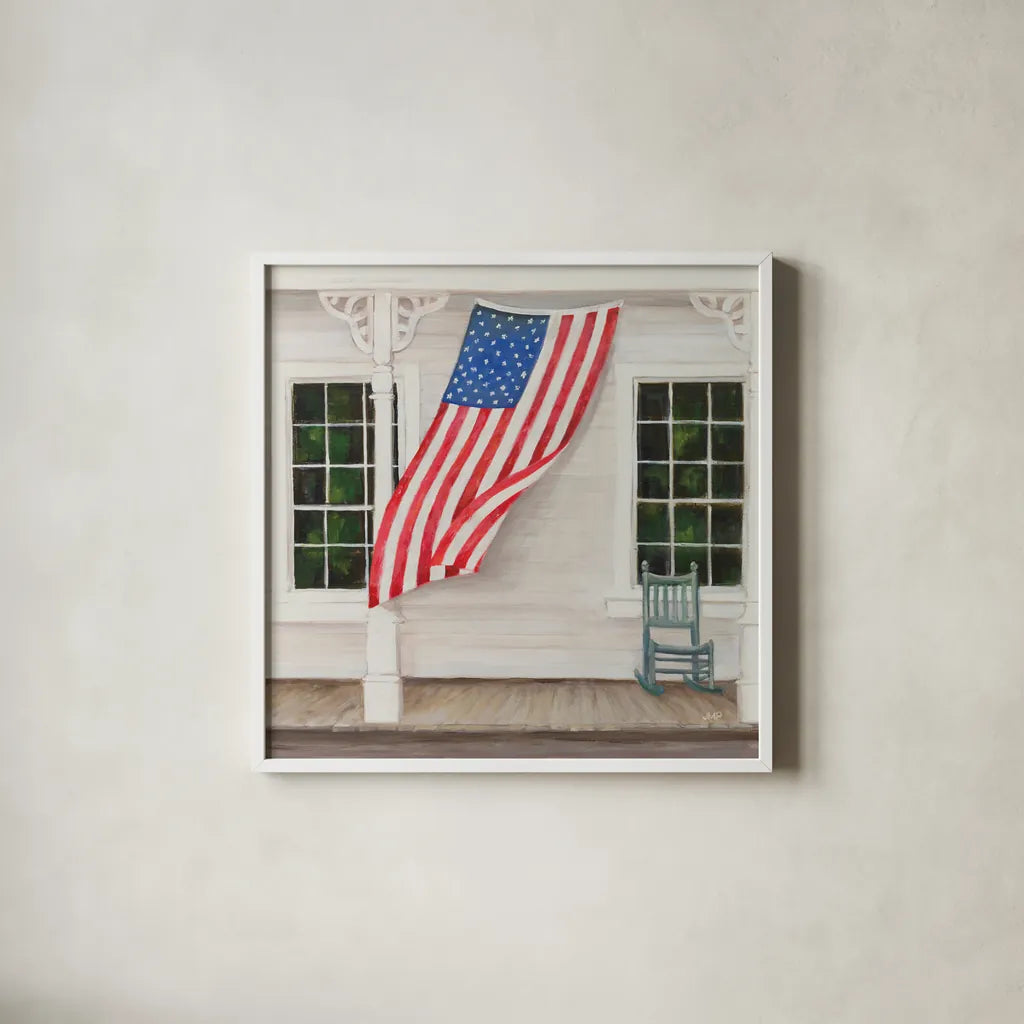 American Porch Crop by Julia Purinton. Shown in a crisp white glass frame for a clean and minimalist style. Available as an archival giclee rolled canvas, fine art paper, or poster print. SKU 98888a.