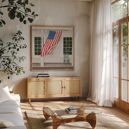American Porch Crop by Julia Purinton. Shown in a natural wood frame in a cozy modern living room. Available as an archival giclee rolled canvas, fine art paper, or poster print. SKU 98888a.