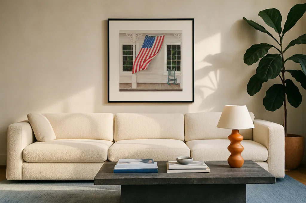 American Porch Crop by Julia Purinton. Displayed in a glass frame with matte in a clean modern living room. Available as an archival giclee rolled canvas, fine art paper, or poster print. SKU 98888a.