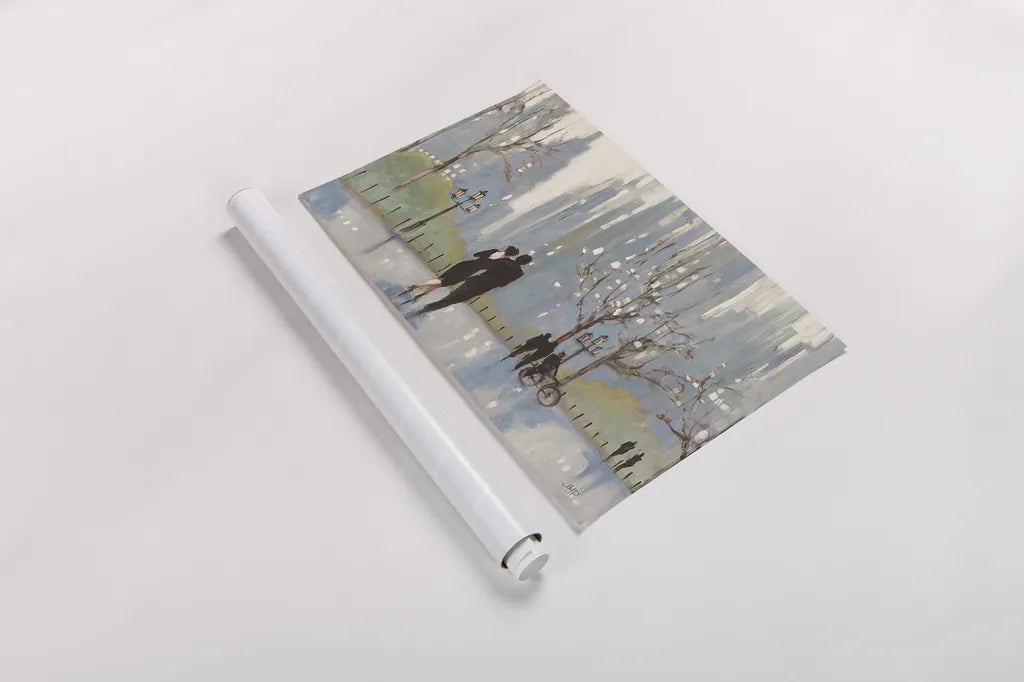 An Evening Out Blue by Julia Purinton. shown as a rolled paper print. Available as archival giclee rolled canvas, fine art paper, or poster print. SKU 37743i.