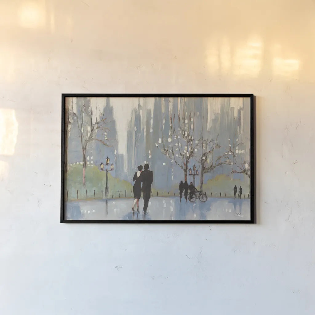 An Evening Out Blue by Julia Purinton. shown as a paper print in a black flame. Available as a archival giclee rolled canvas, fine art paper, or poster print. SKU 37743i.